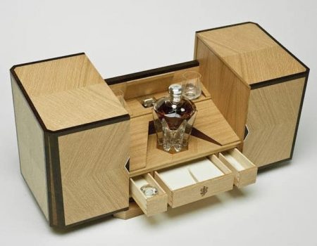 Bespoke whisky presentation chest made out of timber with glass decanter and glasses